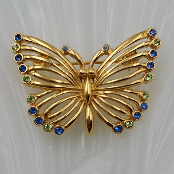 Gold Tone Butterfly with Blue & Green Rhinestones Brooch - Picture 2 of 5